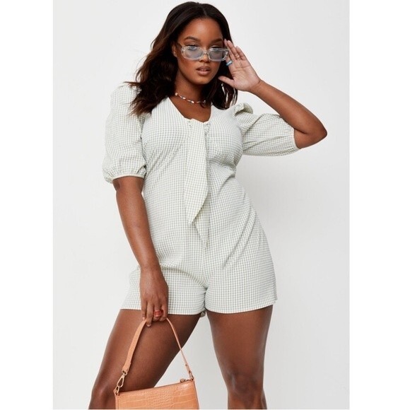 NWT Missguided Plus Sage Gingham Tie Milkmaid Romper - Picture 1 of 10